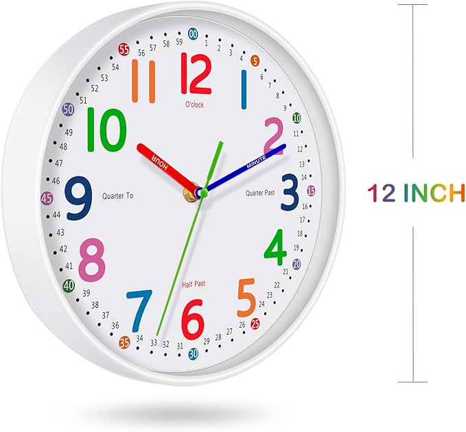 Silent Kids Wall Clock – Non-Ticking, Battery-Powered, Ideal for Teaching Time and Stylish Décor in Any Room - 12 Inch