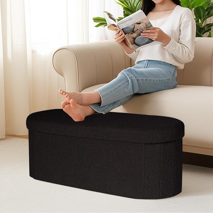43.3 Inches Collapsible Ottoman with Storage, Bench with Storage Ottoman for Living Room, Bedroom & Entryway-Black