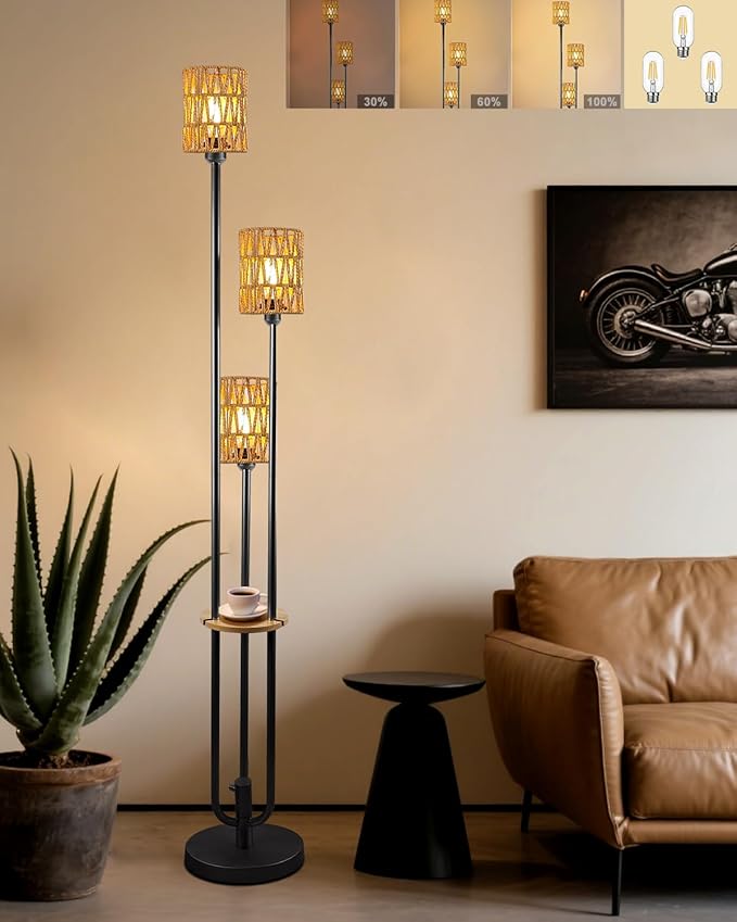 Lightdot Dimmable Boho Floor Lamps for Living Room, 3-Lights Rattan Floor Lamp with Shelves, 3000K Farmhouse Floor Lamp, Rustic Black Standing Lamp with Bulbs Included/Sofa Beside/Corner Decor