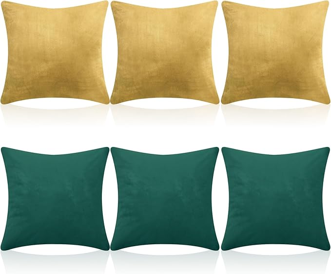 Pack of 6 Decorative Velvet Throw Pillow Covers Solid Square Soft Pillowcase Set Cushion Cases for Sofa Couch Bed Car Christmas Fall Home Decor 18 x 18 inch(Gold and Green)