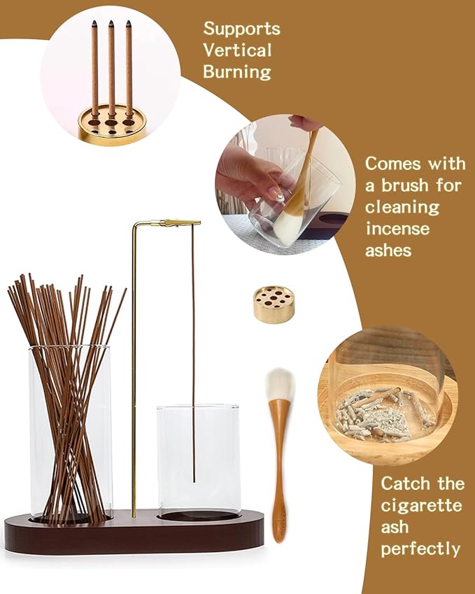 2 in 1 Glass Incense Holder for Sticks with 9-Hole Upright Burner, Ash Catcher, Brush & Greeting Card, Meditation & Yoga Accessories,Gift for Home Decor (Dark Base)