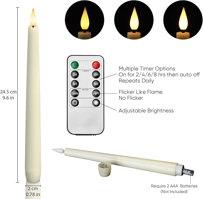 Homemory 2 Pcs Waxy Flameless Taper Candles with Remote, Flickering Battery Operated Taper Candle, Led Flameless Candlesticks Classic Tall Candles for Home, Wedding, Party, Ivory, 9.6 inches
