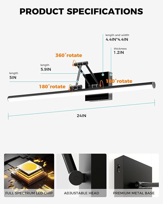Morden Bathroom Light Fixtures,Black Vanity Lights, 360°Rotatable 24IN Vanity Fixture Over Mirror with 5CCT&Dimmable Wall Lamp, Eye-Friendly Led Bath Bar For Makeup Shaving-ETL, Ideal Gift for Holiday