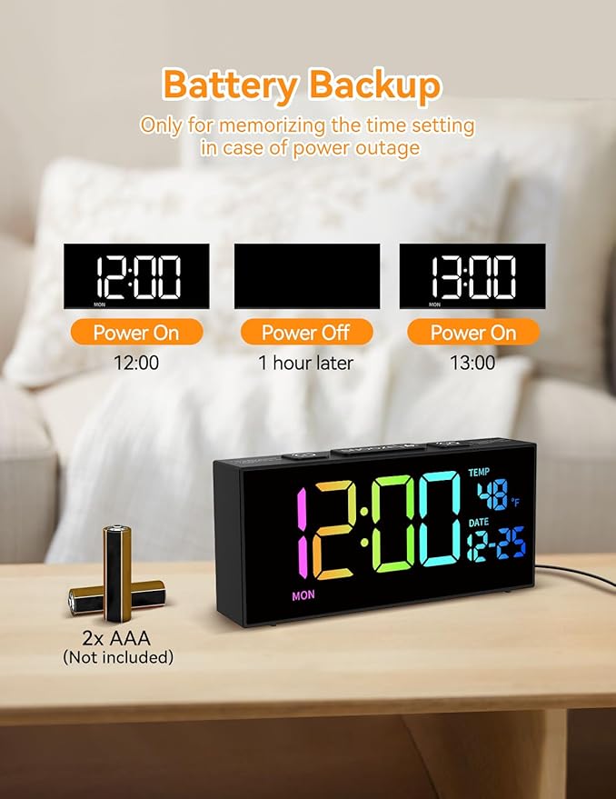 Netzu Alarm Clocks for Bedrooms, Digital Clock with Date Temperature and Weekday, Manual DST, Snooze, 2 Alarms, 4 Volumes Bedside Desk for Living Room Home Bedside Desk (RGB)
