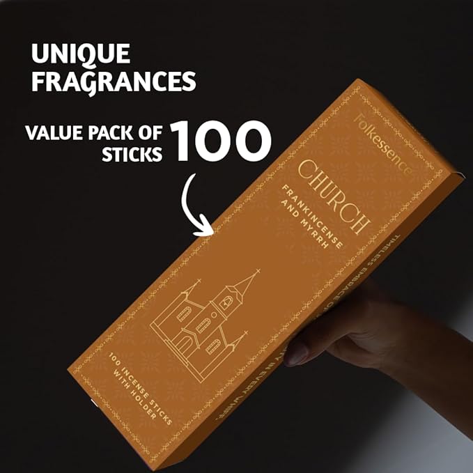 Folkulture Church Incense Sticks with Holder (100 Sticks) | Frankincense & Myrrh Catholic Incense Stick for Prayer|No Charcoal, Non Toxic, 45 Min Burntime Insence-Sticks for Christian Gifts for Women
