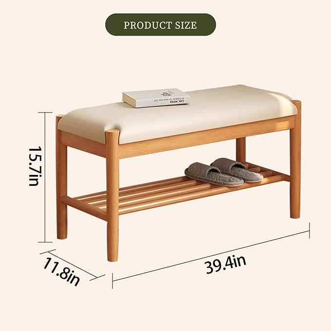 Solid Wood Shoe Bench with Cushion, 2-Tier Shoe Rack for Front Door Entrance, Enterway Benches with Shoe Storage (Natural, 39.4in)