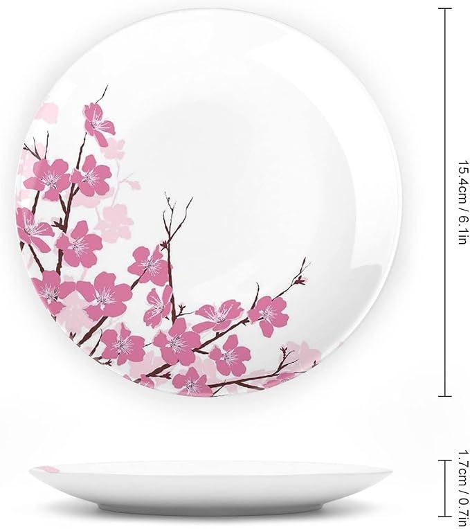 Decorative Plates, Asian Decor Print Ornament, Japanese Cherry Blossoms with Branches Spring Time, 7 Inch, 1 Plate with 1 Display Stand, Pink White