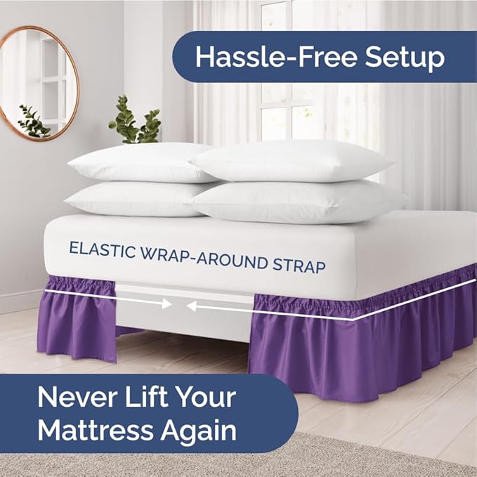 Wrap Around Dust Ruffle Bed Skirt - Purple - Twin/Twin XL Size Beds with 15 Inch Drop - Easy Fit Elastic Strap - Adjustable Pleated Bedskirt w/Brushed Fabric - Wrinkle Free - Women, Men, Kids & Teens