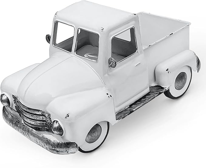 Farmhouse White Truck Decor, Vintage Metal Farm Truck Decor,Rustic Outdoor/Indoor Garden Trucks Planter,Decorative Tabletop Fall Table Pick-up Decor, Collectible Vehicles Gifts