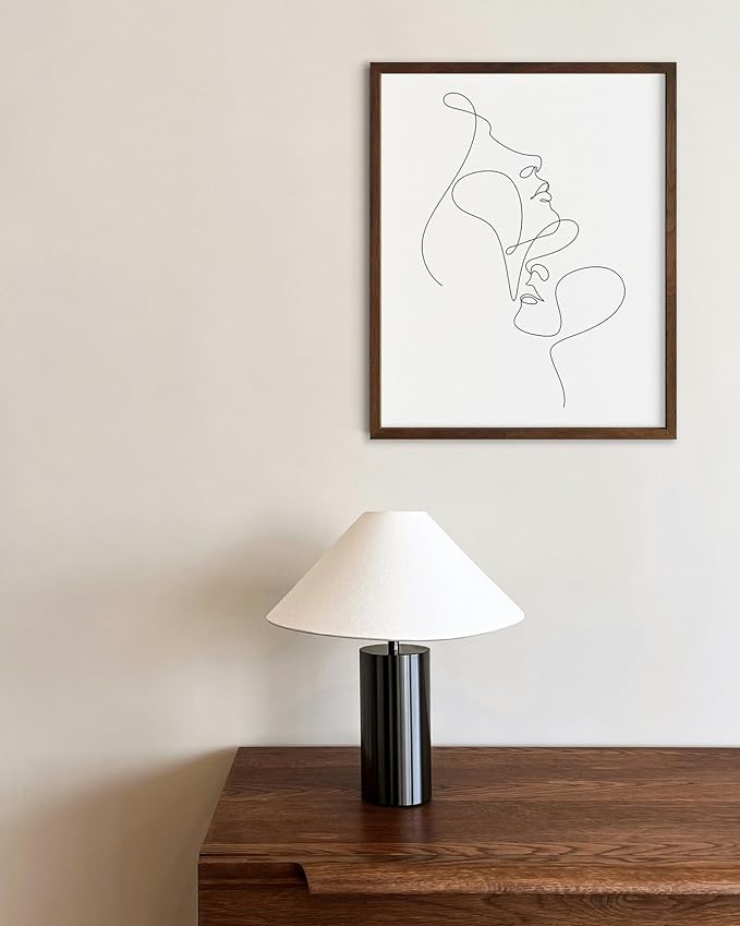 Minimalist Face to Face Wall Art Two Portraits Continuous Line Drawing 8x10 Inch Oak Wood Walnut Framed Modern Aesthetic Profile Print for Bedroom Decor