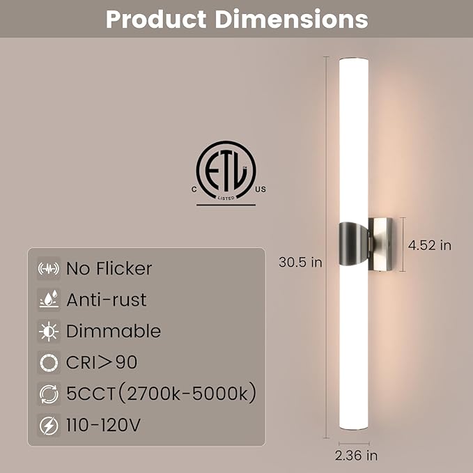 Modern Wall Sconce 30.4 Inch Brushed Nickel Bathroom Sconces Led Wall Lights with Acrylic Shade Hardwired Long Vanity Lighting Fixtures Over Mirror for Bedroom Living Room Hallway