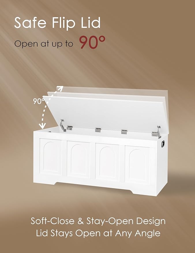 DINZI LVJ Storage Chest, 50” Extra Large Storage Bench with 2 Safety Hinges, Wooden Toy Box with Flip-Top, Large Trunk for Living Room, Playroom, Easy Assembly, White