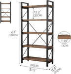 5 Tier Bookshelf Rustic Solid Wood Industrial Style Bookcase,Metal and Real Wood Vintage Bookshelf,Book Shelves Home Office, Retro Brown,Dark Matching credenza(LZ01-05tier) (5Tiers)