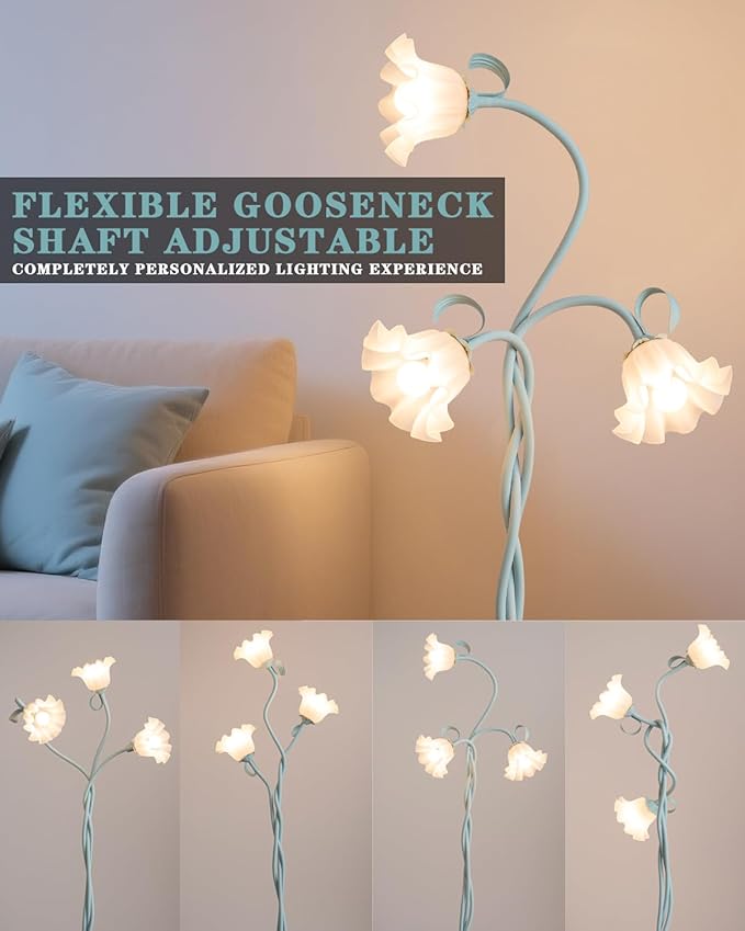 Flower Floor Lamp for Bedroom - 3 Color Temperatures Decorative LED Tall Standing Lamp for Reading with Flexible Neck for Bedroom Living Room Office Corner (Powder Blue)