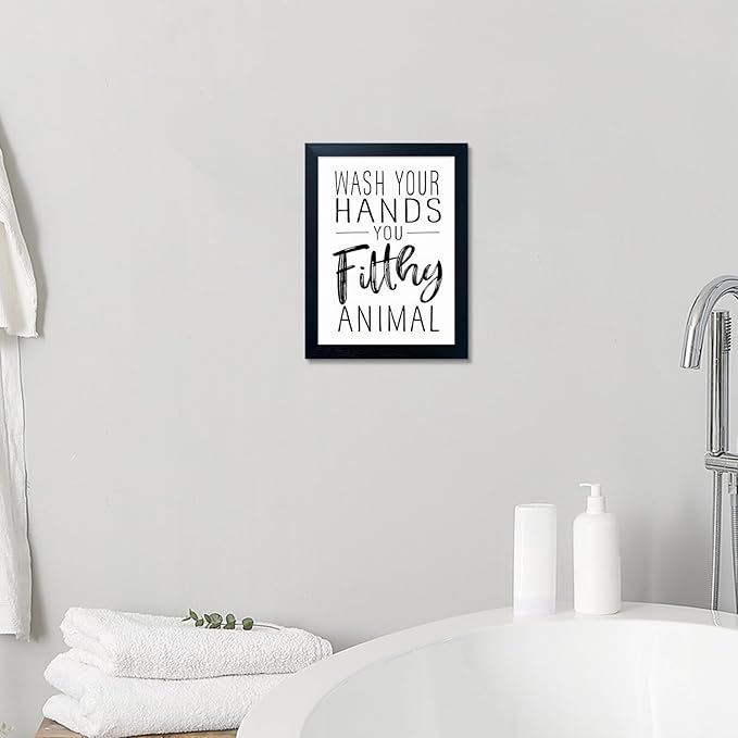 Bathroom Quotes Wall Decor, Black and White Bathroom Wall Art, Toilet Decor Signs Small Black Framed Canvas Art for Kid's Washroom