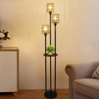 Boho Floor Lamp with Shelves, 3-Lights Farmhouse Tall Floor Lamp with ON/Off Foot Switch, Rustic Standing Lamp with Rattan Shades for Living Room Bedroom Office