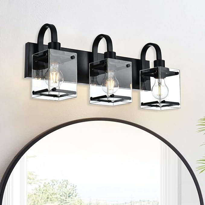 Black Bathroom Light Fixtures 3-Light Wall Sconces Lights,Industrial Vanity Light Farmhouse Lighting Fixtures Bathroom Above Mirror,Modern Wall Light fixtures