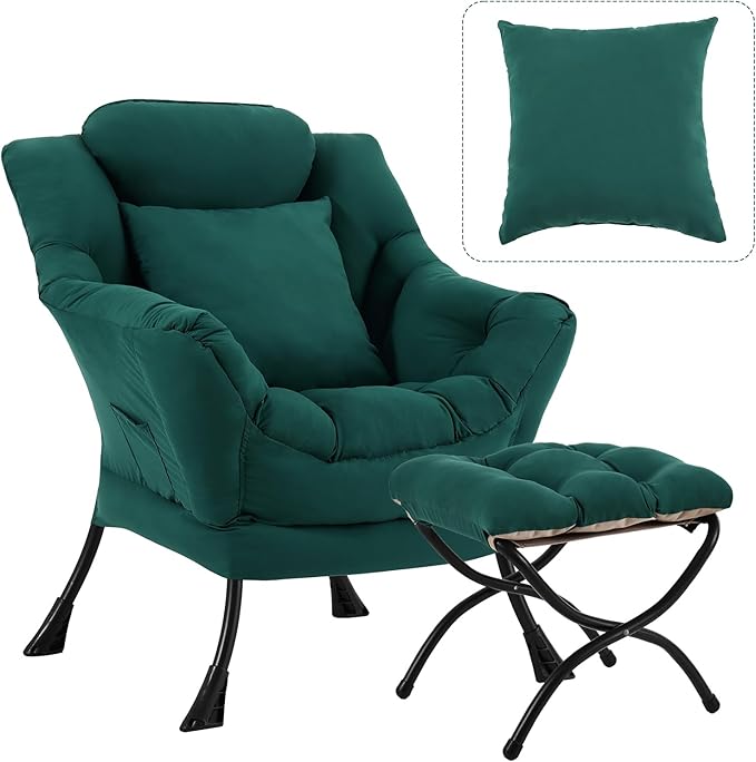 Lazy Chair with Ottoman, Large Lounge Accent Chair with Ottoman and a Throw Pillow, Dark Green Reading Chair for Living Room Bedroom Dorm Room Office Apartment Relaxing Use