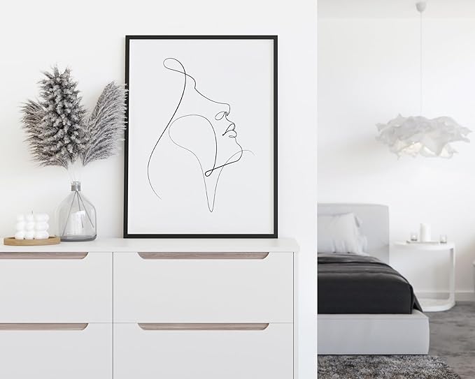 Minimalist Woman Profile Wall Art Upward Gaze Continuous Line Drawing Feminine Face 12x16 Inch Oak Wood Black Framed Modern Aesthetic Print for Living Room