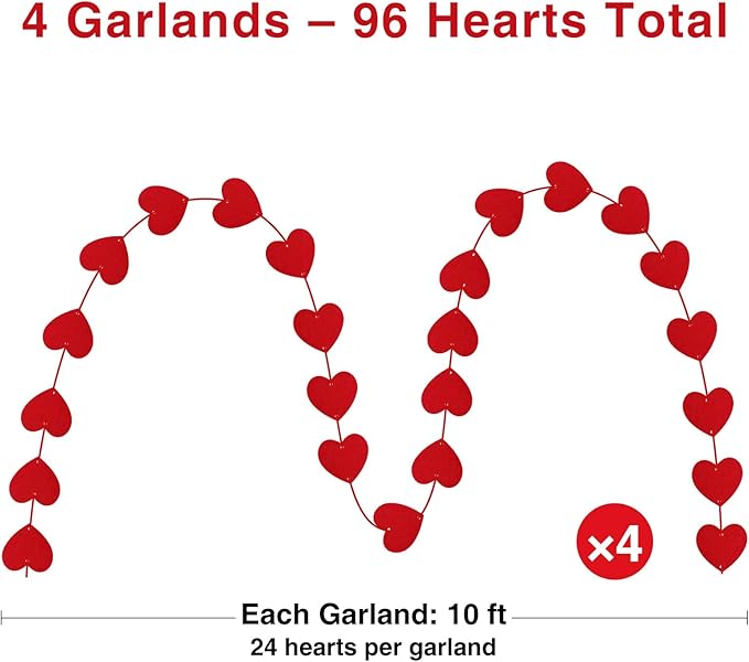 Valentines Day Decorations, 96 PCS Red Felt Heart Garland Hanging, Pre-Assembled Romantic Heart String Garland for Home, Wedding, Anniversary & Party Decor