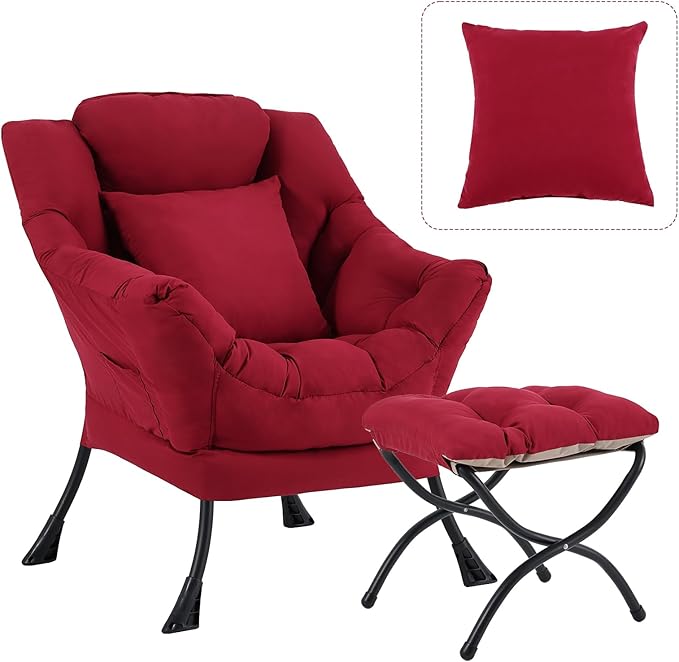 Lazy Chair with Ottoman, Large Lounge Accent Chair with Ottoman and a Throw Pillow, Burgundy Reading Chair for Living Room Bedroom Dorm Room Office Apartment Relaxing Use