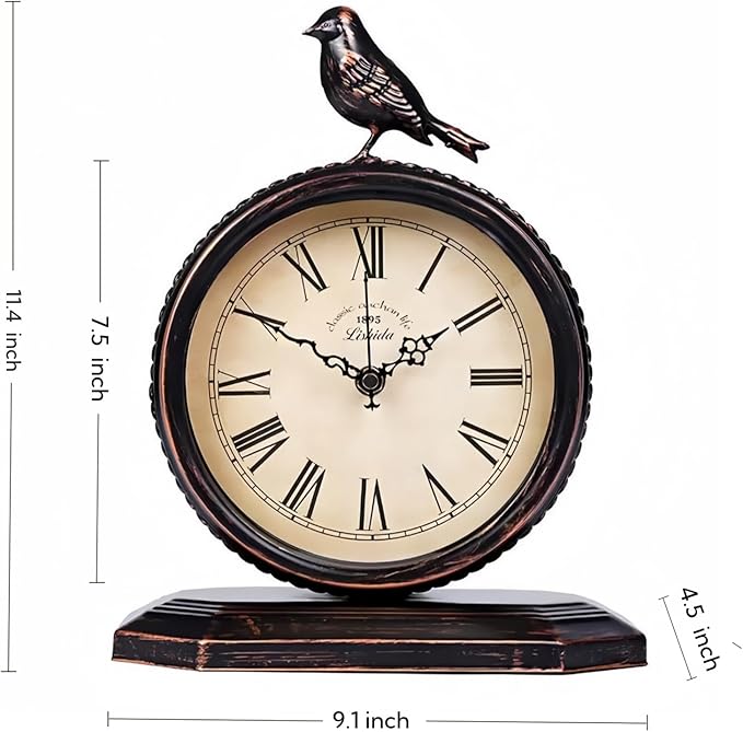8-Inch Antique Mantel Clocks for Living Room, Retro Table Metal Silent Clocks for Fireplace, Easy to Read Decorative Mantel Clocks with Top Bird for Bedroom, Office, Desktop (Roman Numerals)