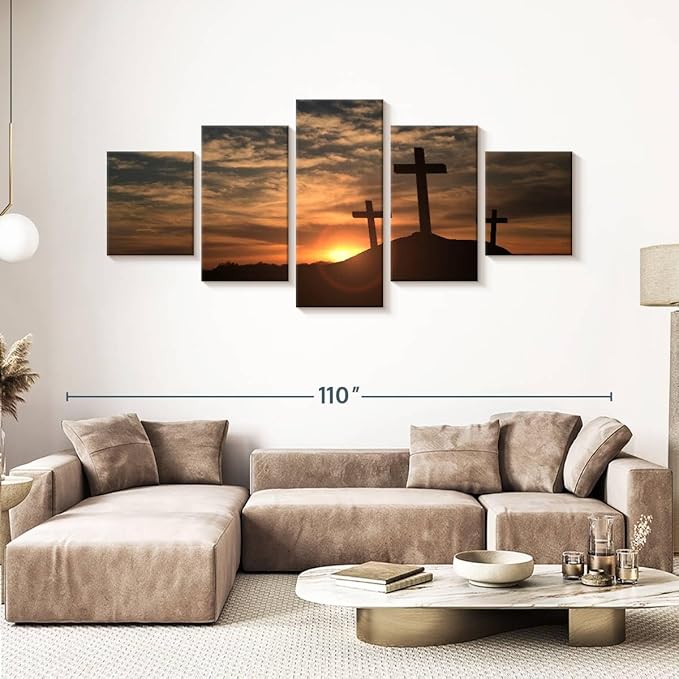 Elephant Stock Cross Silhouettes Wall Art Multi Piece Canvas - 5 Panel Christian Pictures Decor - Digital Design Canvas Print - Christian Wall Decor - 92" X 42"