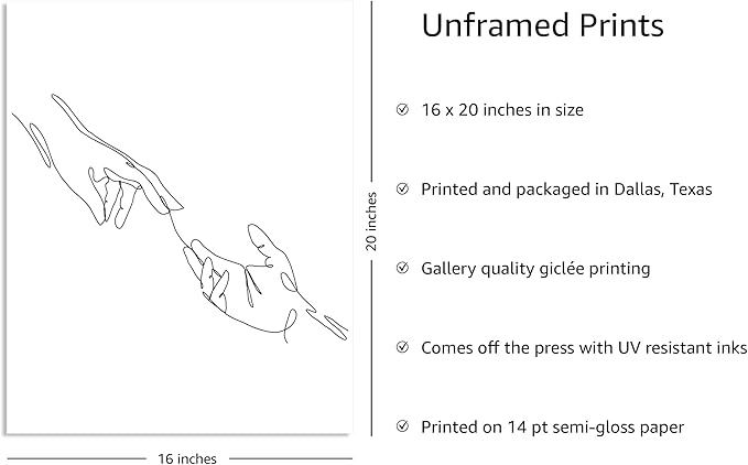 Y2K BOO Minimalist Reaching Hands UNFRAMED Wall Art Continuous Line Drawing Connection Symbol 16x20 Inch Heavyweight Paper Modern Studio Home Decor