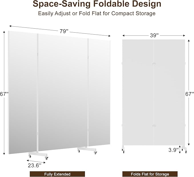 Full Length Stand Up Mirror on Wheels,79''×67'',Large Tri-Fold Floor Mirror with Stand,Movable 3-Way Full Length Standing Mirror for Gym, Dance Studio, Fitness Room, and Home (Whtie)