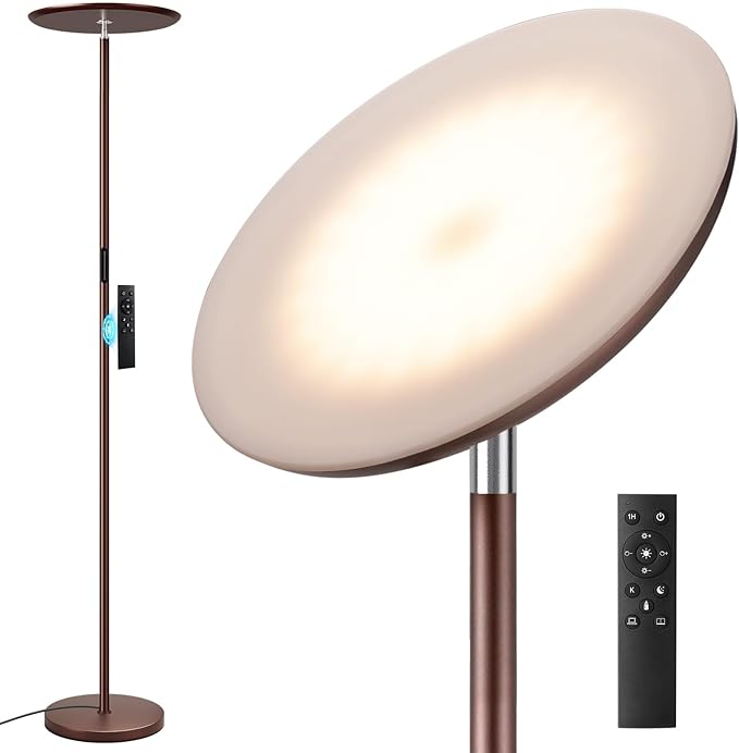 Modern LED Floor Lamp - Remote & Touch Control, Sky Torchiere Standing Lamp, Fully Dimmable, 3 Color Temperatures, Ideal for Living Room & Bedroom, Easy to Assemble(Brown)