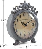 NIKKY HOME Small Vintage Table Clock, Decorative Shelf Desk Top Clock Battery Operated Round French Design, Farmhouse Home Decor for Bathroom, Tabletop, Desktop, Countertop, Rustic Grey