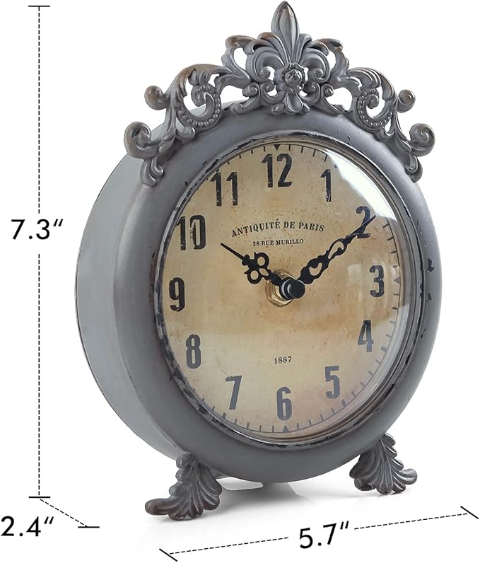 NIKKY HOME Small Vintage Table Clock, Decorative Shelf Desk Top Clock Battery Operated Round French Design, Farmhouse Home Decor for Bathroom, Tabletop, Desktop, Countertop, Rustic Grey