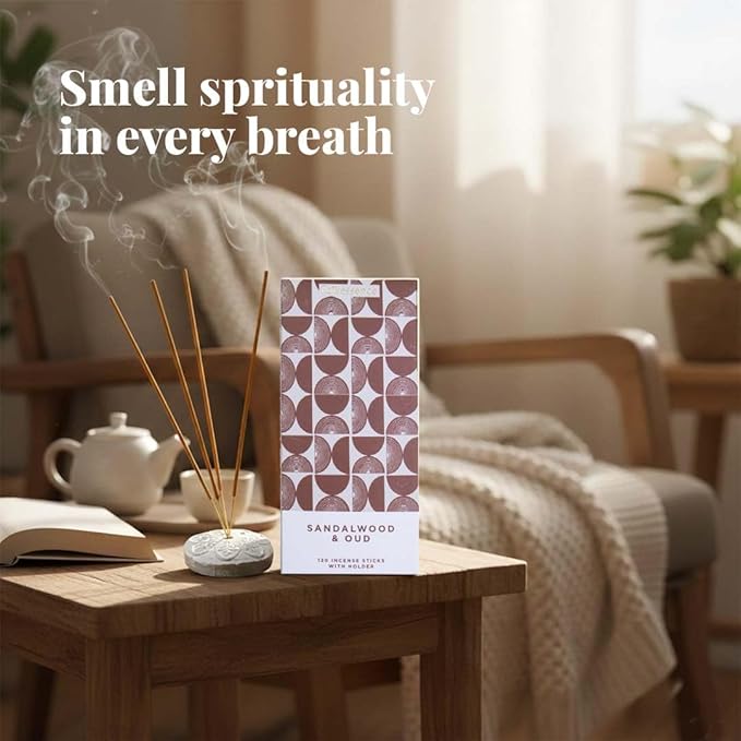Folkulture Incense Sticks | Set of 120 Insence-Sticks with Holder for Relaxation | Sandalwood & Oud Incense| Organic, Slow Burning & Non Toxic Inscents | Luxe Santal Fragrances for Meditation
