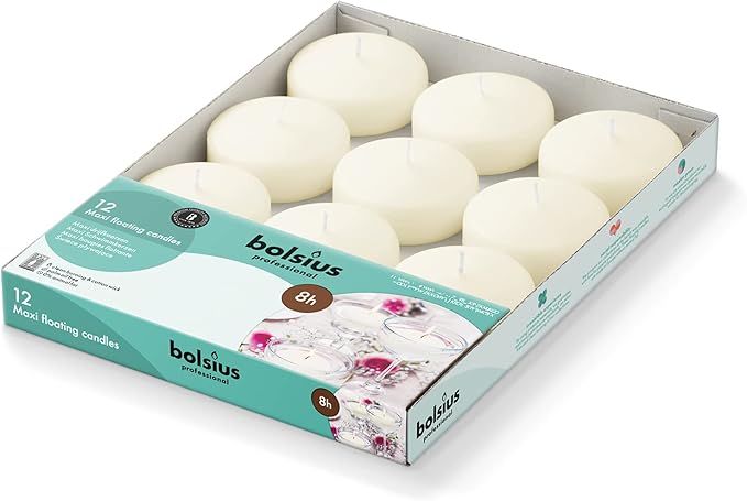 BOLSIUS Ivory Floating Candles 3 inch - 12 Pack Water Candles - Premium European Quality - 8 Hour Clean Burning - No Palm Oil - 0% Animal Fat - Cotton Wick - Centerpiece Decor, Romantic Wedding Events
