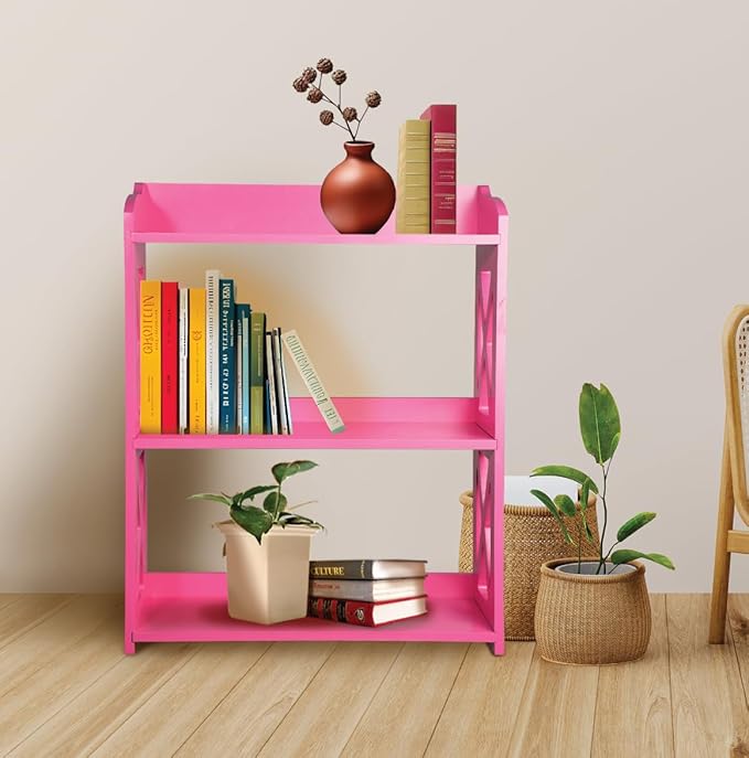 Pink Bookcase by Natural Wood, 3 Tier Bookshelf, Small Book Shelves Freestanding Display Storage Shelves. Open Bookshelf for Bedroom, Living Room and Office (Pink, 3 Tier)