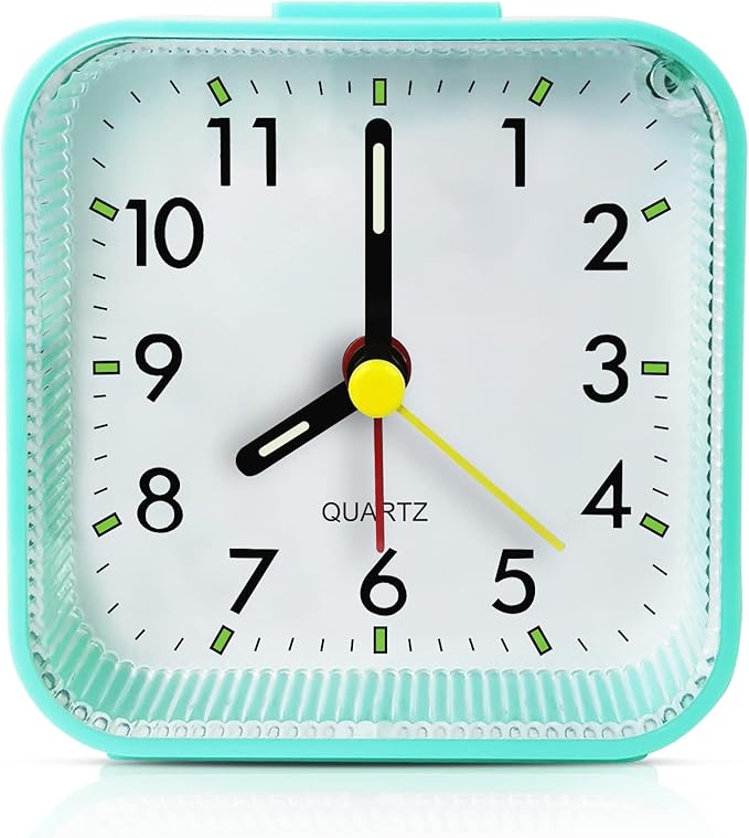 Small Battery Operated Analog Alarm Clock, Travel Clock, Quieter Bedside Clocks for Bedrooms Bathroom Shelf Desk, Green