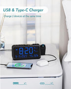 Roxicosly Projection Alarm Clock for Bedroom Ceiling, 118 dB Super Loud for Heavy Sleepers, 6.7" Large Digital Dimmable Display with Day Date Indoor Temp Humidity, Dual Alarms Adjustable Volume