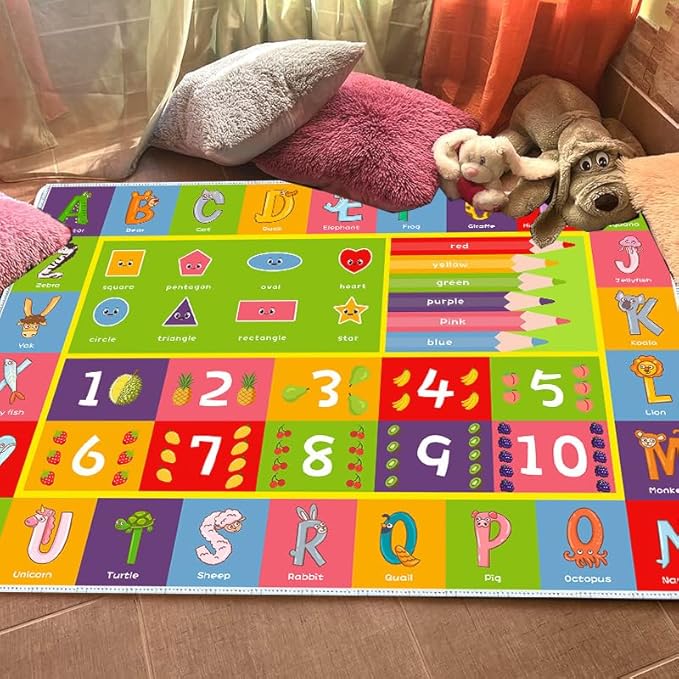 ABC Alphabet Animals Educational Playmat - Interactive Learning Carpet for Toddlers & Infants with Numbers & Shapes, Classroom/Bedroom Play Rug, Machine Washable(Size:100 * 150cm/39" x 59")