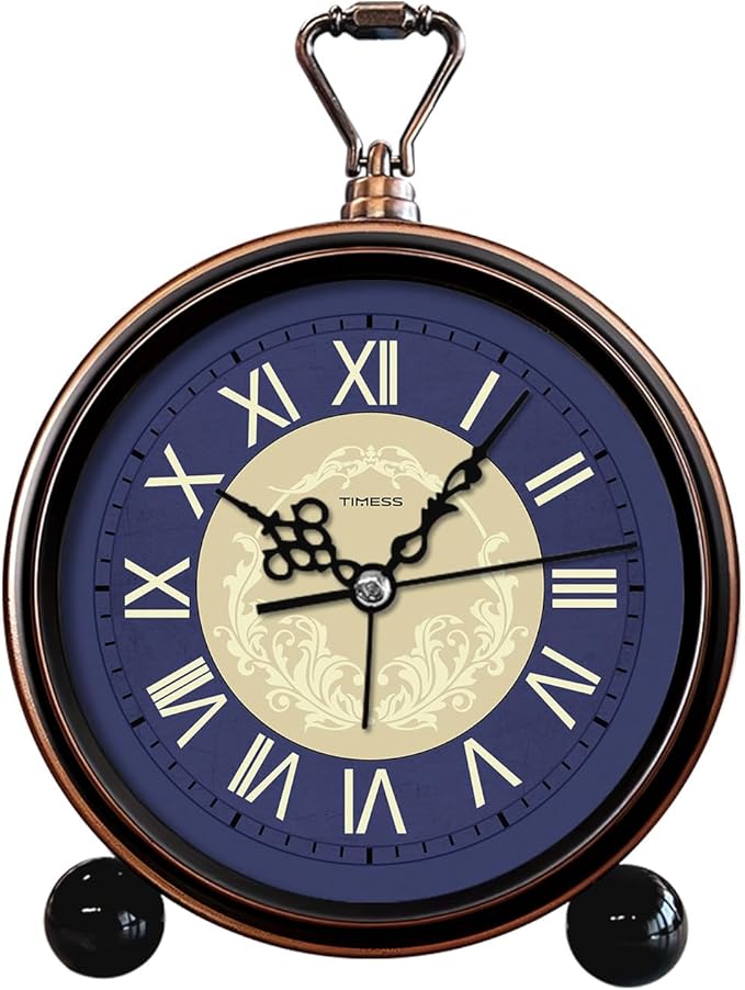 Vintage Analog Alarm Clock, 4.3" Silent Non-Ticking Quartz Desk Clock with Roman Numerals, Battery Operated Table Clock for Bedroom, Living Room, Office, or Gift (Blue)