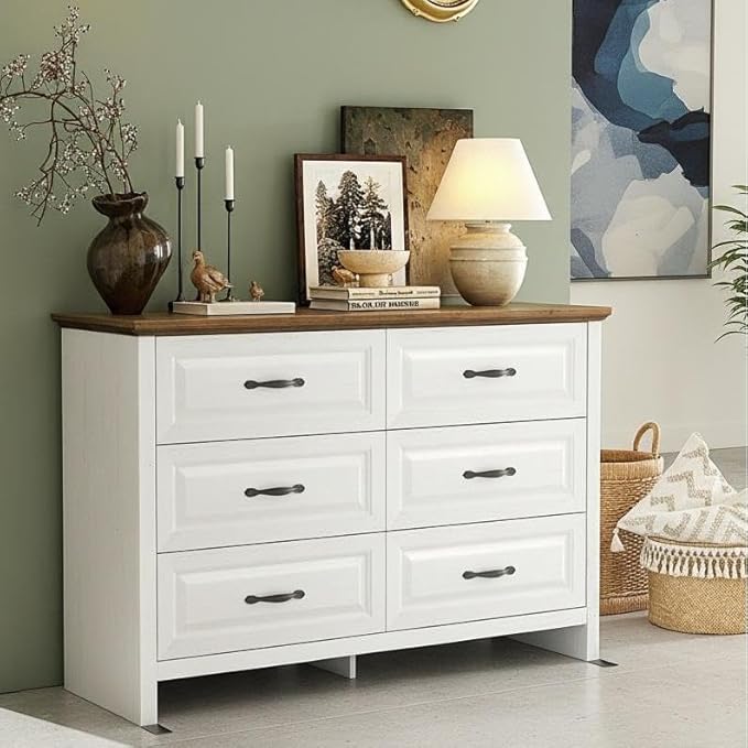Marsail Farmhouse 6 Drawer Dresser, Wood Chest of Drawers with Natural Texture, Smooth Gliding Drawers, Versatile Storage Organizer Cabinet for Bedroom & Living Room, White and Brown