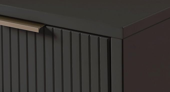 Manhattan Comfort Granville 38-Inch Solid Wood Dresser with 3 Full Extension Soft Close Drawers, Fluted Ribbed Front with Gold Metal Handles for Bedroom, Living Room, Dorm, Nursery in Dark Grey