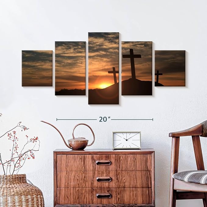 Elephant Stock Cross Silhouettes Wall Art Multi Piece Canvas - 5 Panel Christian Pictures Decor - Digital Design Canvas Print - Christian Wall Decor - 36" X 15"