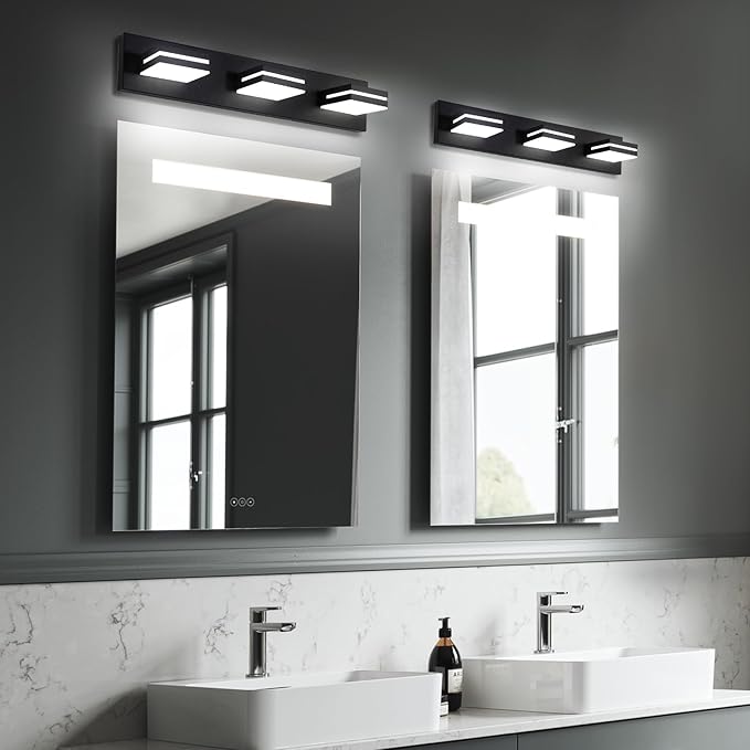 OKELI Bathroom Light Fixtures Black Modern 3-Lights Vanity Light Over Mirror LED Dimmable 350° Adjustable Lamp Head 24W 6000K Cool White ETL Listed 24 Inch