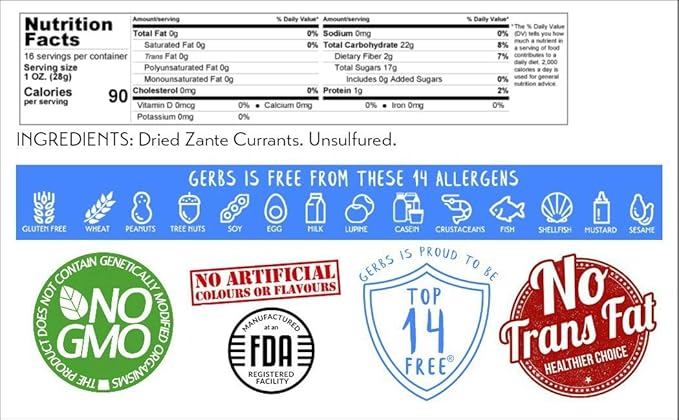 Gerbs Dried Zante Currants 1 lb. | Unsulfured, No Artificial Additives, Resealable Bag | Naturally Bold & Sweet Flavor | Top 14 Allergen-Free