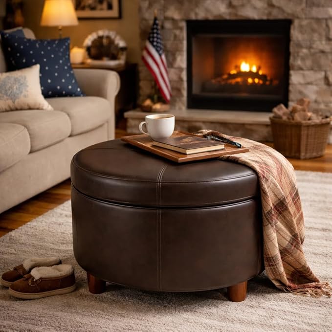 HomePop Round Leatherette Storage Ottoman with Lid, Chocolate Brown Large