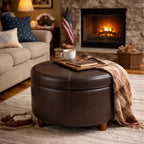HomePop Round Leatherette Storage Ottoman with Lid, Chocolate Brown Large
