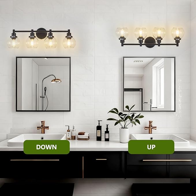 4-Light Bathroom Light Fixture Black Vanity Lights Over Mirror Modern Wall Sconce Farmhouse Vintage Bathroom Vanity Lighting with Glass Shade for Bedroom Hallway Cabinet Bathroom