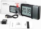 Projection Alarm Clock for Bedroom: Digital LCD Clock with Temperature Date Snooze 12/24H and Weekend Mode, Easy Set Dimmer Clock with 2-Levels Volume, Mains and Battery Operated