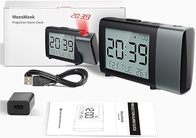Projection Alarm Clock for Bedroom: Digital LCD Clock with Temperature Date Snooze 12/24H and Weekend Mode, Easy Set Dimmer Clock with 2-Levels Volume, Mains and Battery Operated