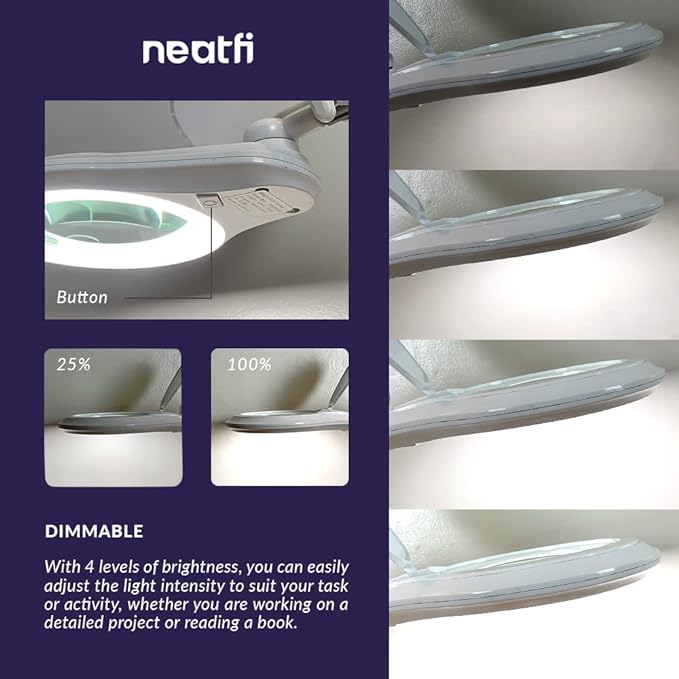 Neatfi 1,200 Lumens LED Magnifying Lamp with Clamp – 5-Inch Lens, 5 Diopter, Dimmable, Adjustable Arm, Includes Microfiber Cloth, Lamp for Reading, Sewing, Crafting (White, 5 Diopter)